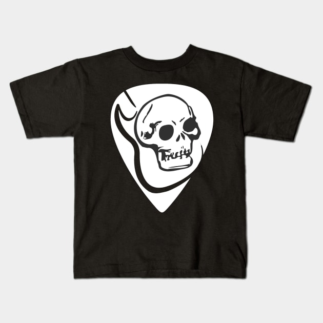 White guitar pick with a dark skull and textured guitar silhouette. Rock/Roll lovers. Kids T-Shirt by Rebeldía Pura